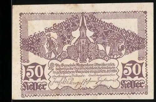 Notgeld Rutzenham 1920, 50 Heller, Kirche und Ornamente, Gutscheintext