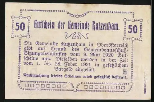 Notgeld Rutzenham 1920, 50 Heller, Kirche und Ornamente, Gutscheintext