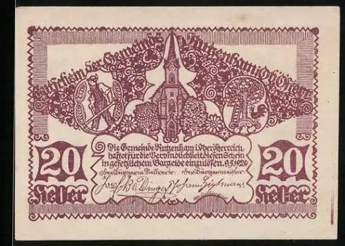 Notgeld Rutzenham 1920, 20 Heller, Kirche und bäuerliche Motive