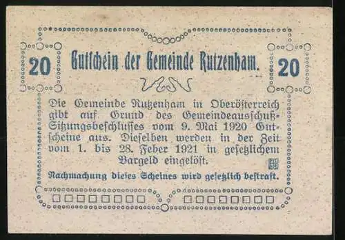 Notgeld Rutzenham 1920, 20 Heller, Kirche und bäuerliche Motive