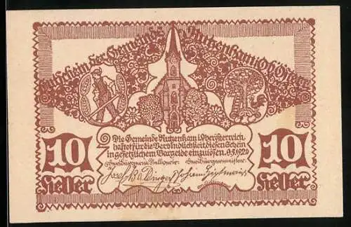 Notgeld Rutzenham 1920, 10 Heller, Kirche und verzierte Ornamente