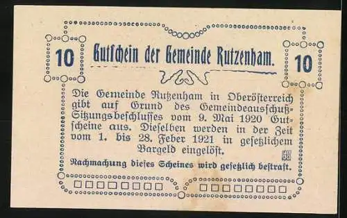 Notgeld Rutzenham 1920, 10 Heller, Kirche und verzierte Ornamente