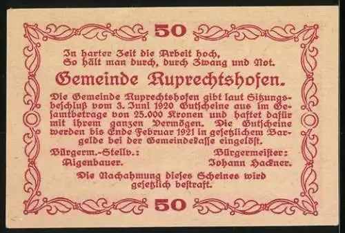 Notgeld Ruprechtshofen 1920, 50 Heller, Gebäude und Verzierungen, Ausgabedatum und Bedingungen