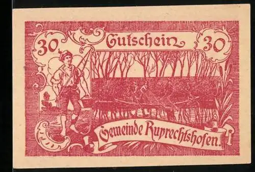 Notgeld Ruprechtshofen 1920, 30 Heller, Fischer im Wald, Gemeindeinformationen, Spruchband, 30.000 Kronen Garantie