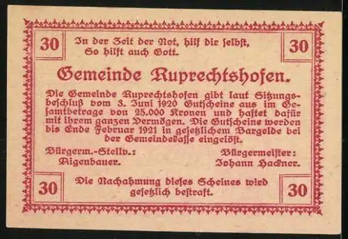 Notgeld Ruprechtshofen 1920, 30 Heller, Fischer im Wald, Gemeindeinformationen, Spruchband, 30.000 Kronen Garantie