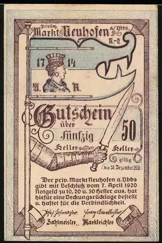 Notgeld Neuhofen 1920, 50 Heller, Ritter mit Schwert und Wappen, gültig bis 31. Dezember 1920