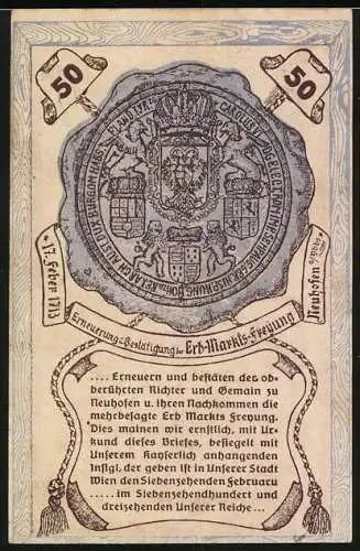 Notgeld Neuhofen 1920, 50 Heller, Ritter mit Schwert und Wappen, gültig bis 31. Dezember 1920