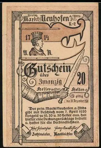 Notgeld Neuhofen 1920, 20 Heller, Ritter mit Schwert, Wappen, historische Inschrift