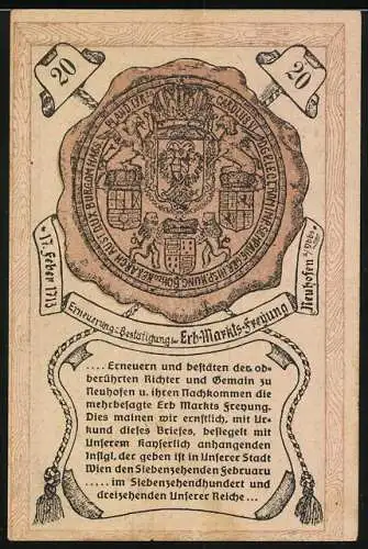 Notgeld Neuhofen 1920, 20 Heller, Ritter mit Schwert, Wappen, historische Inschrift