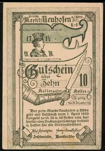 Notgeld Neuhofen 1920, 10 Heller, Ritter mit Schwert und Wappen, Siegel und Inschrift auf Rückseite