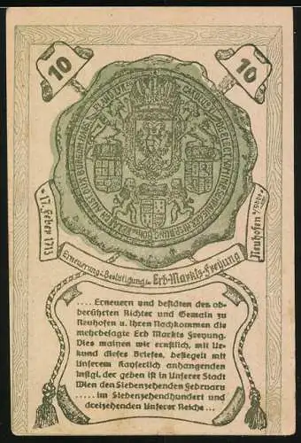 Notgeld Neuhofen 1920, 10 Heller, Ritter mit Schwert und Wappen, Siegel und Inschrift auf Rückseite