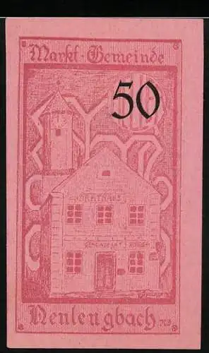 Notgeld Neulengbach 1920, 50 Heller, Rathaus und Turm, Wappen und Gültigkeitsdatum