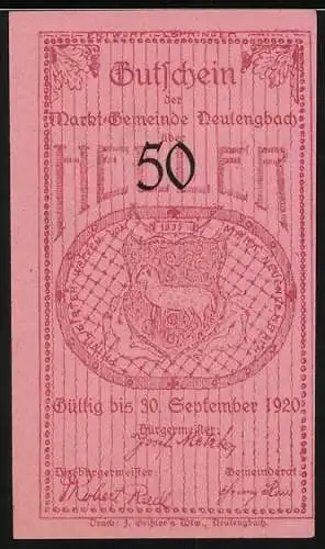 Notgeld Neulengbach 1920, 50 Heller, Rathaus und Turm, Wappen und Gültigkeitsdatum