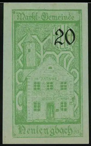 Notgeld Neulengbach 1920, 20 Heller, Rathaus und Turm, Wappen mit Lamm