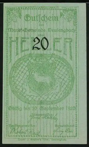 Notgeld Neulengbach 1920, 20 Heller, Rathaus und Turm, Wappen mit Lamm