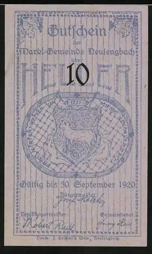 Notgeld Neulengbach 1920, 10 Heller, Rathaus und Wappen, gültig bis 30. September 1920