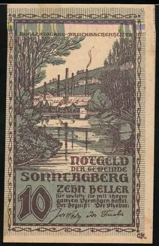 Notgeld Sonntagberg 1920, 10 Heller, Flusslandschaft mit Industriegebäuden und dichterischer Text