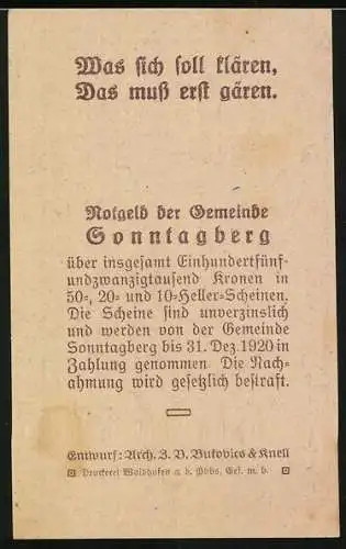 Notgeld Sonntagberg 1920, 10 Heller, Flusslandschaft mit Industriegebäuden und dichterischer Text