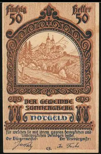 Notgeld Sonntagberg 1920, 50 Heller, Landschaft mit Kirche und Dorfansicht