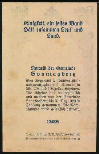 Notgeld Sonntagberg 1920, 50 Heller, Landschaft mit Kirche und Dorfansicht