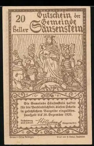 Notgeld Säusenstein 1920, 20 Heller, Heiligenbild Gruppe von Personen und Kirche, mit Textpassage