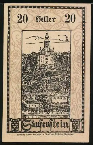 Notgeld Säusenstein 1920, 20 Heller, Heiligenbild Gruppe von Personen und Kirche, mit Textpassage