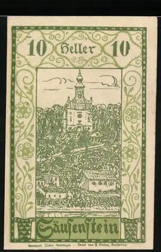 Notgeld Säusenstein 1920, 10 Heller, Schloss und historische Szene mit Figuren