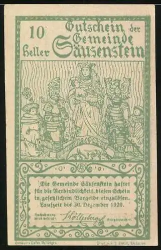 Notgeld Säusenstein 1920, 10 Heller, Schloss und historische Szene mit Figuren