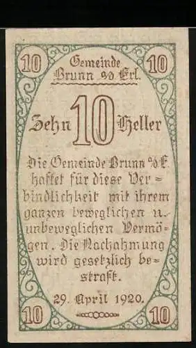 Notgeld Brunn 1920, 10 Heller, Mann mit Schriftrolle und Verzierung, gültig bis 31. Dez. 1920