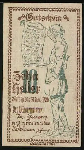 Notgeld Brunn 1920, 10 Heller, Mann mit Schriftrolle und Verzierung, gültig bis 31. Dez. 1920