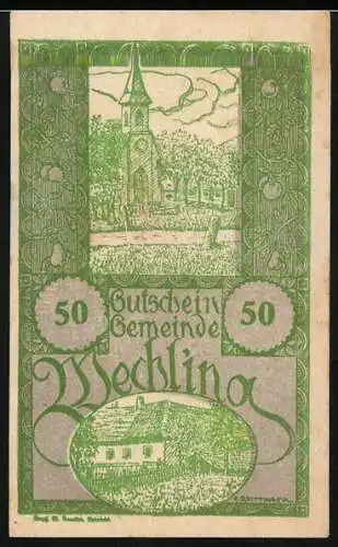 Notgeld Wechling 1920, 50 Heller, Kirche und Landschaftsmotiv