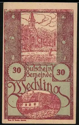 Notgeld Wechling 1920, 30 Heller, Kirche und Gebäudeansicht