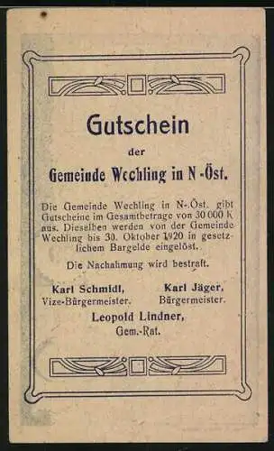 Notgeld Wechling 1920, 20 Heller, Kirche und Gebäude, Gutschein der Gemeinde Wechling in N-Öst