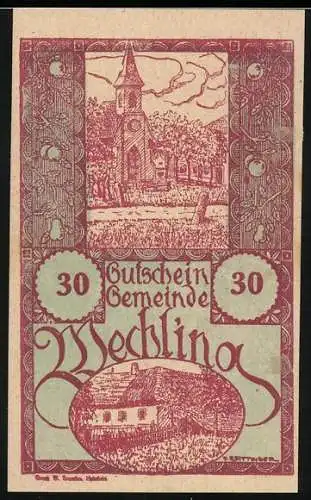 Notgeld Wechling 1920, 30 Heller, Kirche und Gebäudeszene im Dorf