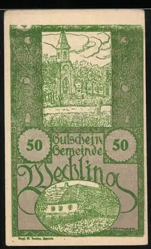 Notgeld Wechling 1920, 50 Heller, Kirche und Gebäude mit Ornamenten, Gutscheintext mit Namen der Gemeindemitglieder