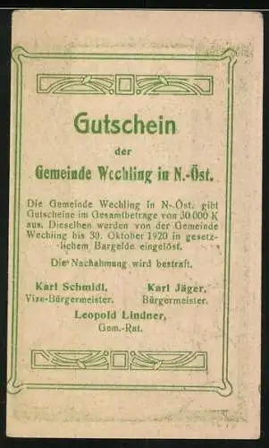 Notgeld Wechling 1920, 50 Heller, Kirche und Gebäude mit Ornamenten, Gutscheintext mit Namen der Gemeindemitglieder