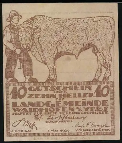 Notgeld Waidhofen an der Ybbs 1920, 10 Heller, Bauer mit Stier, Text über Gültigkeit und Wappentier