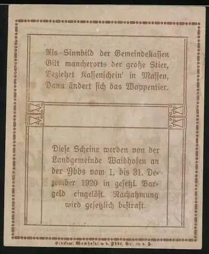 Notgeld Waidhofen an der Ybbs 1920, 10 Heller, Bauer mit Stier, Text über Gültigkeit und Wappentier