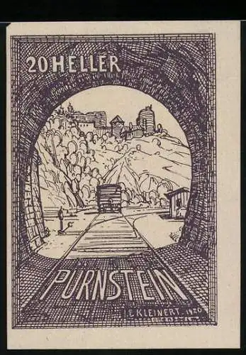 Notgeld Pürnstein 1920, 20 Heller, Zug im Tunnel mit Burgruine im Hintergrund