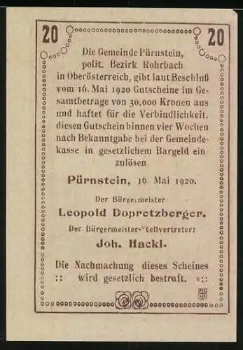 Notgeld Pürnstein 1920, 20 Heller, Zug im Tunnel mit Burgruine im Hintergrund