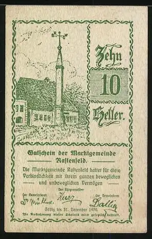 Notgeld Rastenfeld 1920, 10 Heller, Gebäude und Gedichtmotive