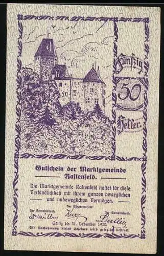 Notgeld Rastenfeld 1920, 50 Heller, Schlossillustration und geometrisches Muster