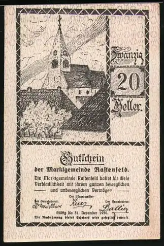 Notgeld Rastenfeld 1920, 20 Heller, Kirche und dekoratives Muster