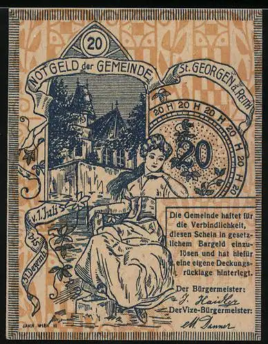 Notgeld St. Georgen, 20 Heller, Burg und Frau mit Blumen, 1921