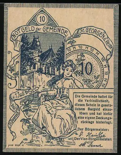 Notgeld St. Georgen, 10 Heller, Frau mit Burgmotiv und Uhr, 1. Juli Ausgabe