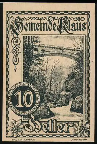 Notgeld Klaus, 10 Heller, Brücke über Fluss, Wappen und florale Verzierungen