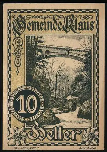 Notgeld Klaus, 10 Heller, Brücke und Landschaftsszene, Wappen und florales Design