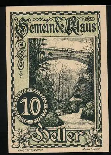 Notgeld Klaus, 10 Heller, Brücke über Flusslandschaft, Wappen und florale Verzierungen