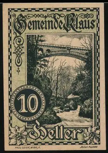 Notgeld Klaus 1920, 10 Heller, Brückenlandschaft, Wappen