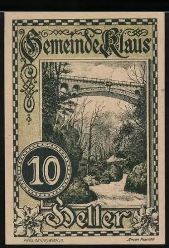 Notgeld Klaus, 10 Heller, Landschaft mit Brücke und Fluss, Wappen und Schriftzug